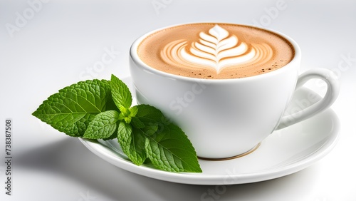 Mint and cappuccino cup with a leaf design in the frothed milk photo