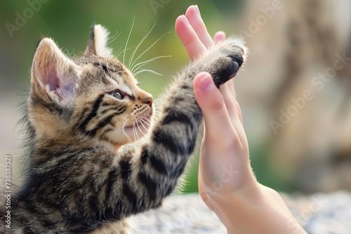 Cat and owner sharing a high-five moment Symbolizing friendship and bonding between pet and human