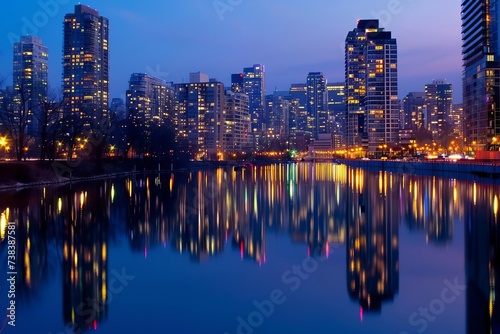 City skyline reflected on a calm river at twilight Showcasing the vibrant lights and architectural beauty
