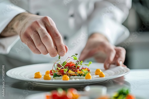 Close-up of a professional chef's hands artistically plating a sophisticated culinary creation Focusing on the textures and colors of the ingredients