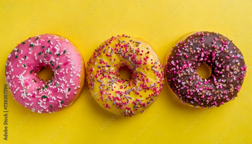 Three round multi-colored pink and yellow very appetizing glazed donuts with sprinkles on bright yellow background, top view, close, selective focus Three round multi-colored pink and yellow very appetizing glazed donuts with sprinkles on bright yellow background, top view, close, selective focus