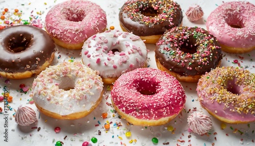 Assorted donuts with chocolate frosted, pink glazed and sprinkles donuts. carnival concept with pastry 