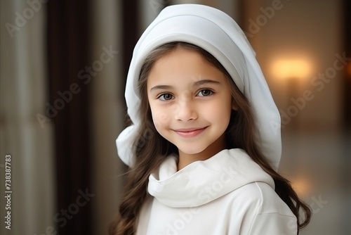 Portrait of a beautiful little girl with long hair in a white coat