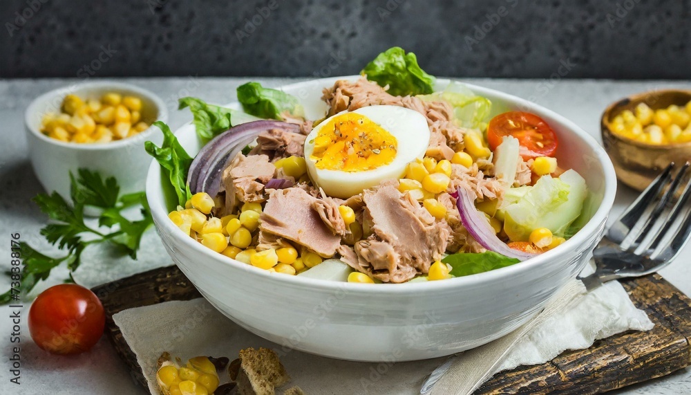 Tuna salad with egg, vegetables and corn in a white bowl, white background, top view Tuna salad with egg, vegetables and corn in a white bowl, white background, top view