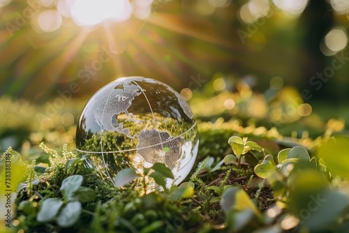 Global conservation concept with a glass globe surrounded by nature Symbolizing the interconnectedness of environmental protection and sustainability.