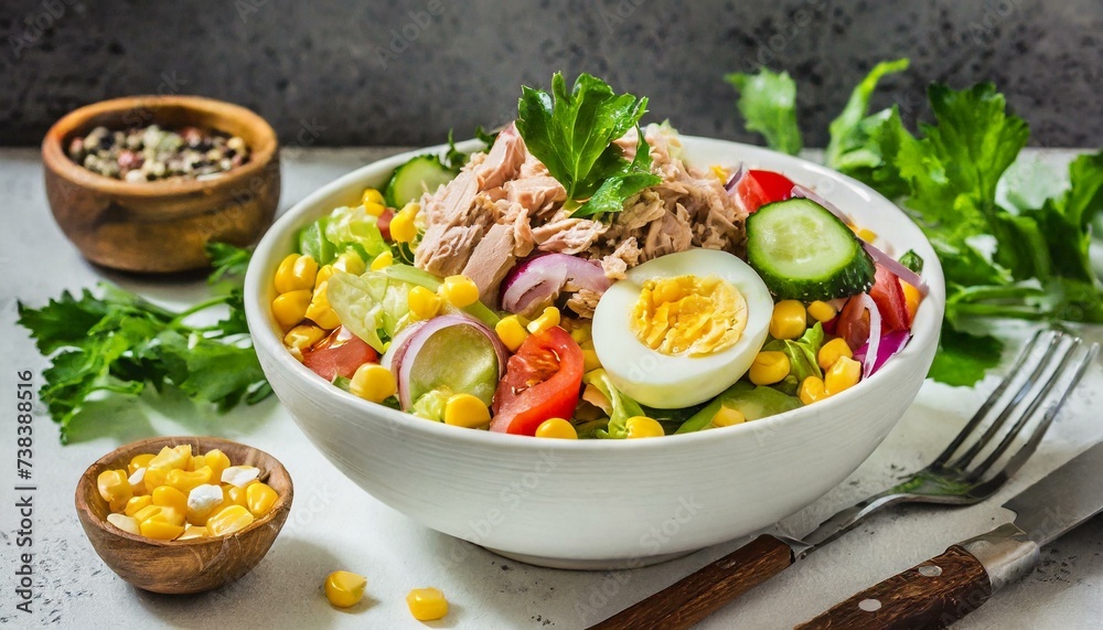 Tuna salad with egg, vegetables and corn in a white bowl, white background, top view Tuna salad with egg, vegetables and corn in a white bowl, white background, top view