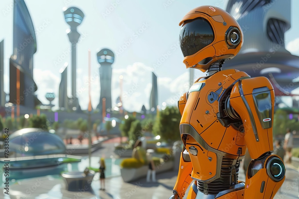 Imaginative depiction of a humanoid robot experiencing the joy of leisure activities in a modern city Blending futuristic concepts with everyday life. Imaginative depiction of a humanoid robot experiencing the joy of leisure activities in a modern city Blending futuristic concepts with everyday life.