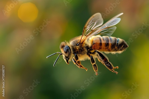Macro shot of a bee in flight Detailed and isolated against a clear backdrop. highlighting the marvel of nature's pollinators. © Jelena