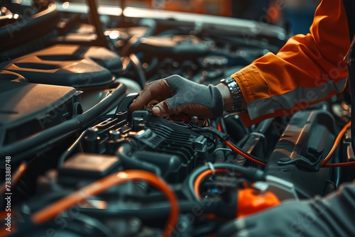 Mechanic inspecting and servicing a car's electrical system A close-up on hands working with automotive tools in a garage.