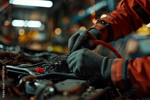 Mechanic inspecting and servicing a car's electrical system A close-up on hands working with automotive tools in a garage.