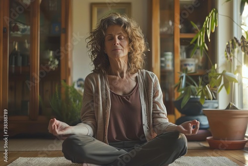 Middle-aged woman engaging in meditation at home A serene expression of finding balance and inner peace in a cozy living environment.