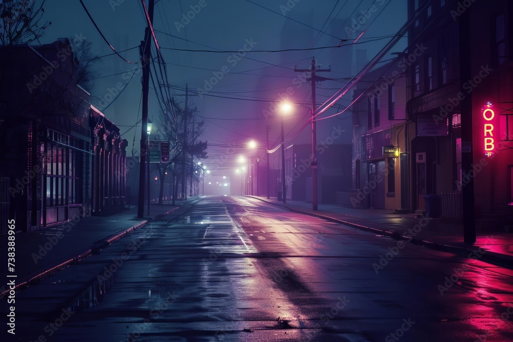 Moody and atmospheric night scene on an empty street illuminated by neon lights Creating a sense of mystery and urban exploration