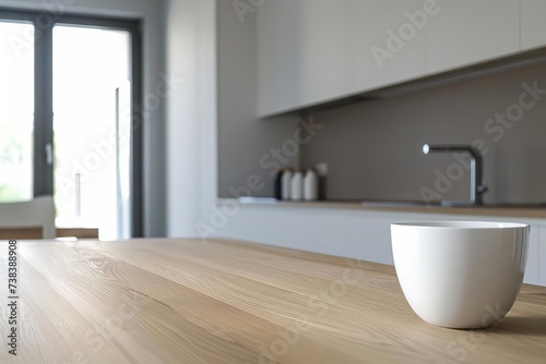 Modern kitchen showcase. sleek White kitchen counter with a light wooden tabletop Set against a minimalist interior Perfect for product display.