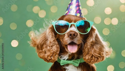 Party time for birthday. English cocker spaniel young dog is posing. Cute playful brown doggy or pet in sunglasses isolated on green background.