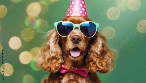 Party time for birthday. English cocker spaniel young dog is posing. Cute playful brown doggy or pet in sunglasses isolated on green background. © adobedesigner