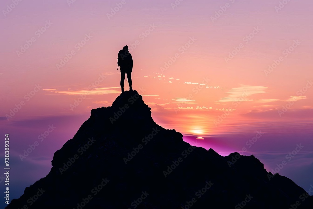 Silhouette of a lone adventurer standing atop a mountain peak at sunset Symbolizing achievement and personal growth Silhouette of a lone adventurer standing atop a mountain peak at sunset Symbolizing achievement and personal growth