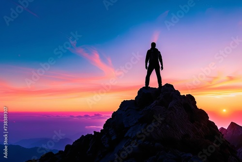 Silhouette of a lone adventurer standing atop a mountain peak at sunset Symbolizing achievement and personal growth © Jelena