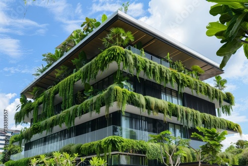 Sustainable office concept featuring a building integrated with greenery Embodying eco-friendly practices and modern architectural design.