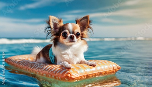 Chihuahua dog on a mattress in the ocean water at the beach, enjoying summer vacation holidays. © adobedesigner