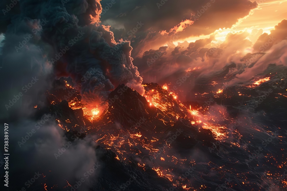 Volcanic eruption concept art. intense scene with dark smoke and glowing lava Creating a powerful and dramatic natural disaster illustration.