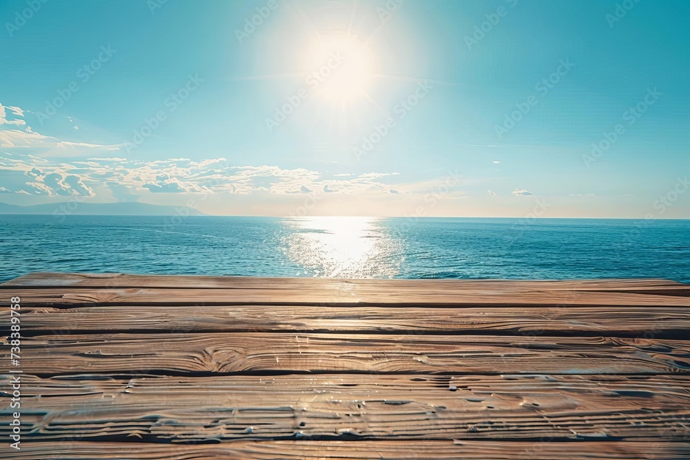 Wooden table against a stunning seascape Offering a serene and picturesque setting. high-quality image perfect for backgrounds.