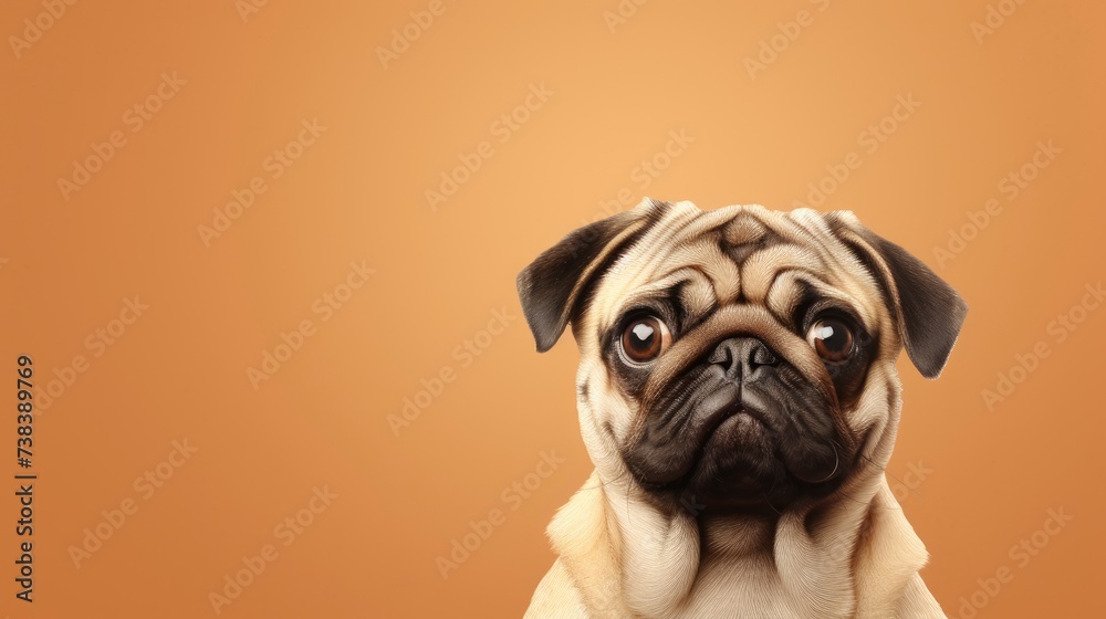 pug dog on a one color background, copy space, realistic - generative ai