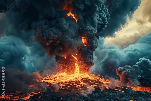 Volcanic eruption concept art. intense scene with dark smoke and glowing lava Creating a powerful and dramatic natural disaster illustration.