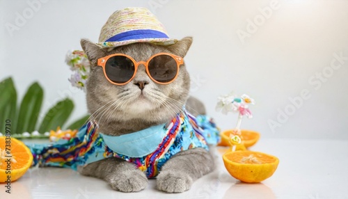 Songkran and summer season concept with scottish cat wearing summer cloth and sunglasses on white background