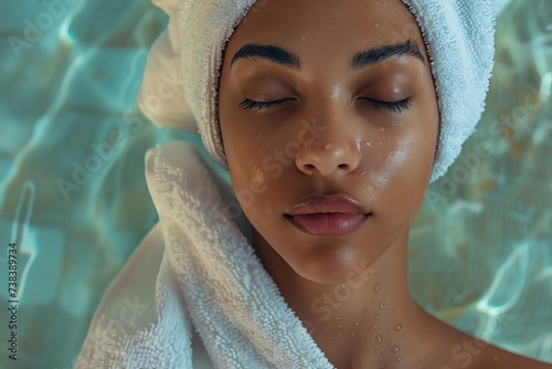 Woman s face wrapped in a towel Epitomizing relaxation and spa beauty treatments