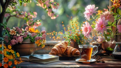 Spring breakfast with coffee and croissant