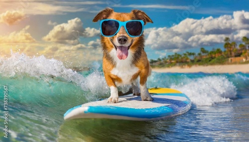 Dog surfing on a surfboard wearing sunglasses at the ocean shore © adobedesigner