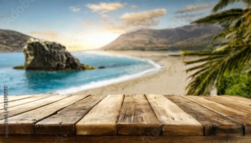 Wooden desk of free space and summer beach 