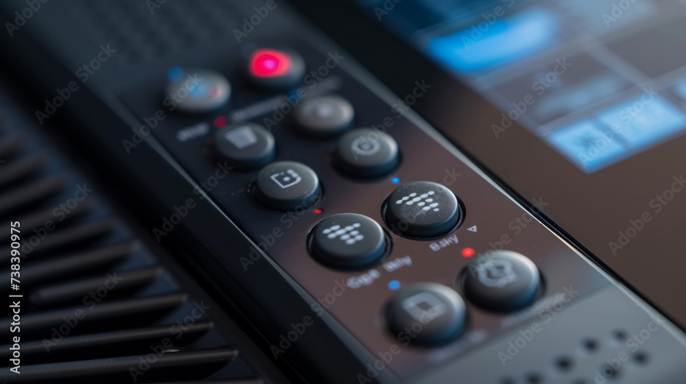 Detail shot of the remote control for the infrared heater with various buttons for adjusting settings. Detail shot of the remote control for the infrared heater with various buttons for adjusting settings.