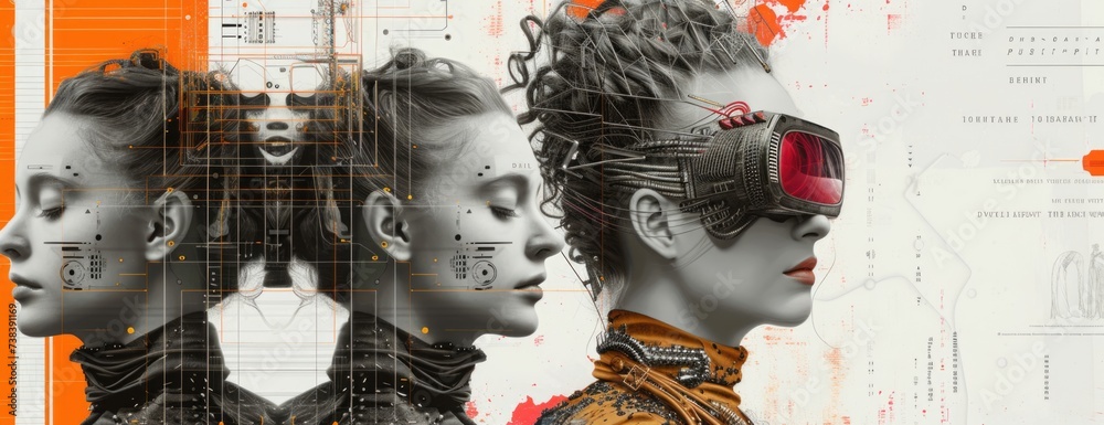 Retro-Futuristic Fashion Collage: Historical Portraits with Modern Accessories Amidst Digital Art Retro-Futuristic Fashion Collage: Historical Portraits with Modern Accessories Amidst Digital Art