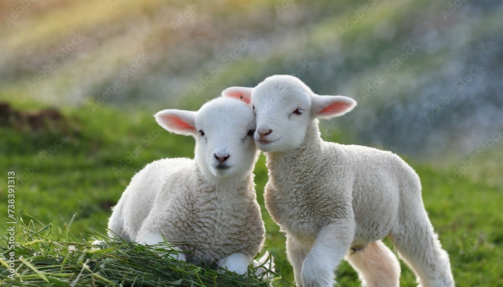 Two lambs cuddle and love, heads close together and a green pasture. Two lambs cuddle and love, heads close together and a green pasture.