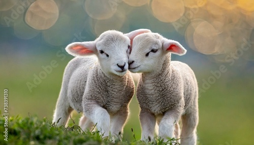  Two lambs cuddle and love, heads close together and a green pasture. © adobedesigner