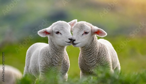 Two lambs cuddle and love, heads close together and a green pasture.