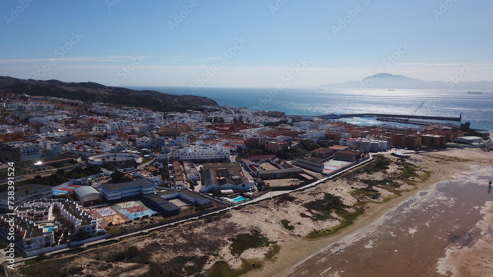 aerial view over Tarifa, the Strait of Gibraltar and the mountains of Morocco and the horizon, Costa de la Luz, Andalusia, Spain