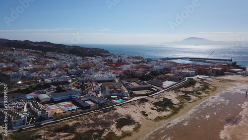 aerial view over Tarifa, the Strait of Gibraltar and the mountains of Morocco and the horizon, Costa de la Luz, Andalusia, Spain