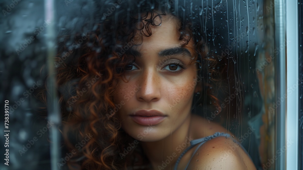 Sad  woman with life difficulties, depression and emotional problems looking through a window in a rainy day