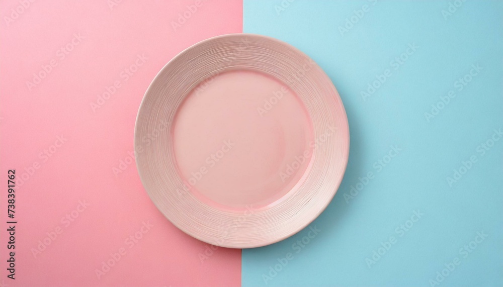 Empty pink plate on blue and pink pastel background. Top view with copy space Empty pink plate on blue and pink pastel background. Top view with copy space