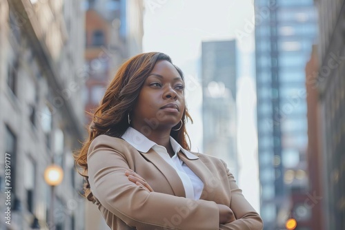 Ambitious african american businesswoman standing confidently in a bustling city Reflecting on her journey to success and future aspirations.