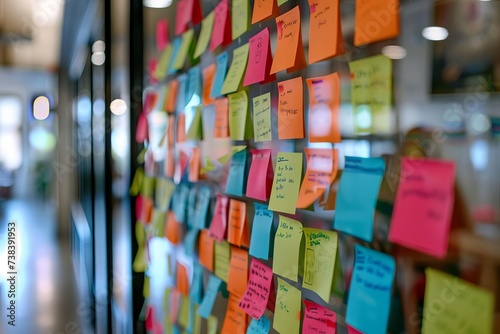 Close-up of a diverse team engaging in a brainstorming session with colorful sticky notes on a glass wall Fostering collaboration and innovation in a creative workspace