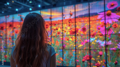 Woman looking at a large led screen with vivid landscape display