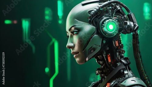 Collage of female humanoid robot invention on dark green background