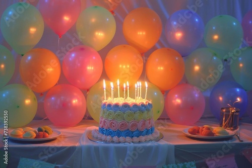 Festive birthday scene with a vibrant display of multicolored balloons and a beautifully decorated cake with lit candles