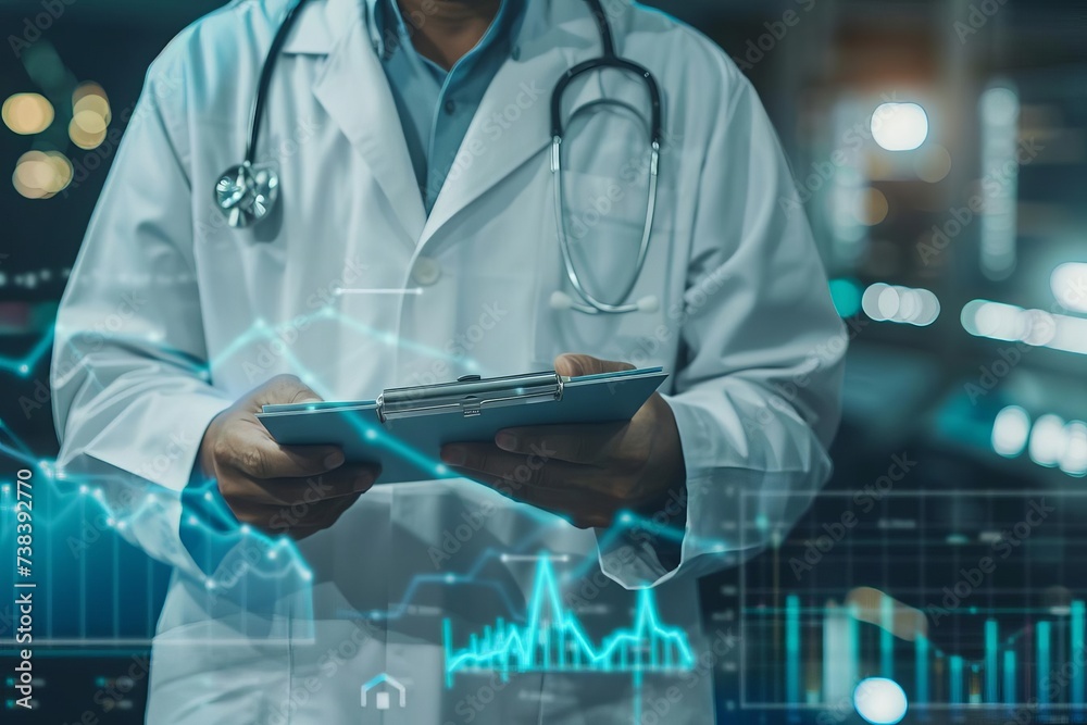 Healthcare and medical insurance concept with virtual data graphs and a doctor analyzing financial growth Highlighting the importance of health investment Healthcare and medical insurance concept with virtual data graphs and a doctor analyzing financial growth Highlighting the importance of health investment
