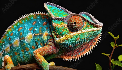 Realistic multicolored chameleon with iridescent skin in speck