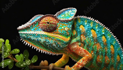 Realistic multicolored chameleon with iridescent skin in speck photo