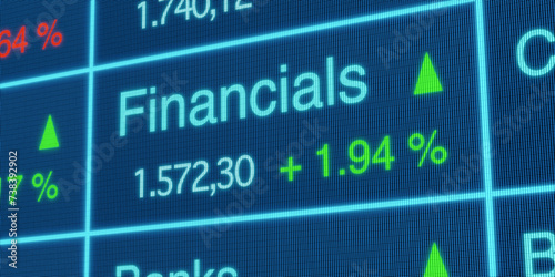 Financials sector stock index. Stock market data, financial services stocks price information, percentage changes, blue screen. Stock exchange, business, trading board. 3D illustration photo